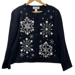 Heirloom Collectibles Snowflake Cardigan Womens XL Black Sequin Beaded VTG Y2K